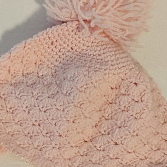 Vintage Baby Knit Crochet Pom Bonnet Hat Beanie Chin Strap Pink Handmade Boho - Picture 3 of 4
